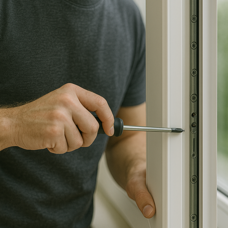 Fensterraparatur Hände, die mit einem Schraubendreher ein Fenster reparieren.