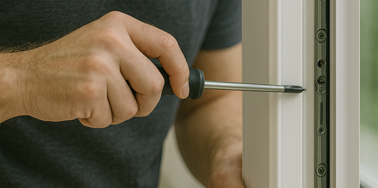 Hand hält Schraubendreher und arbeitet an einem Fensterrahmen.