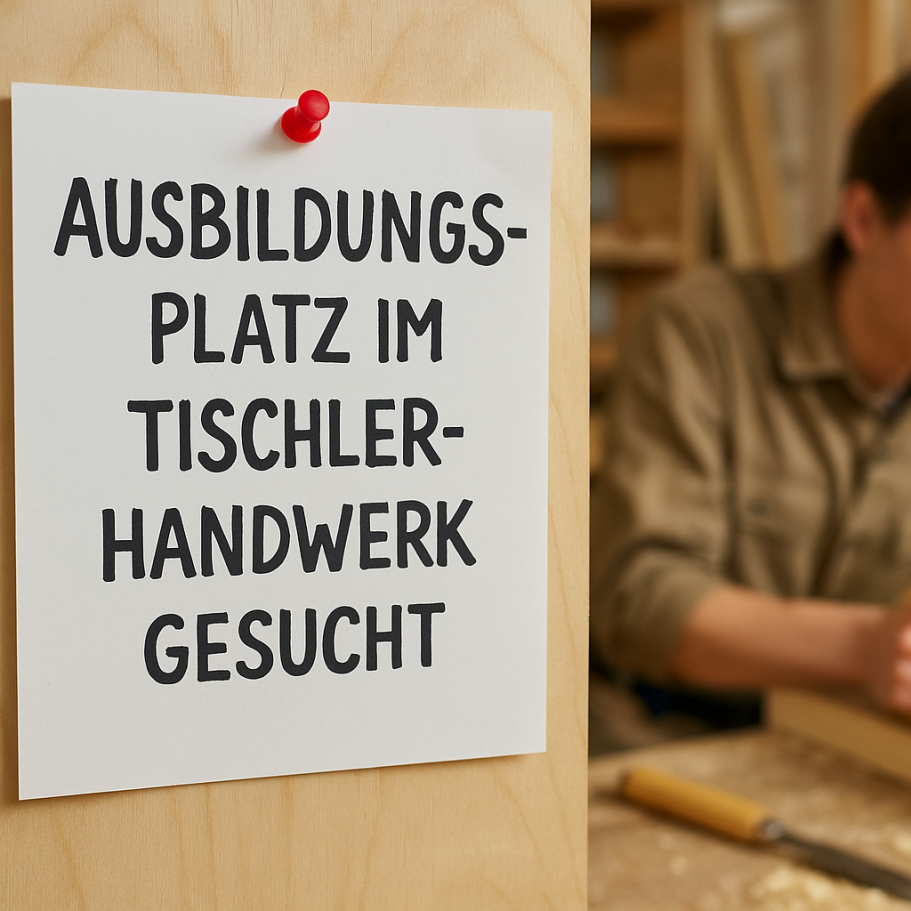 Ein Schild mit der Aufschrift "Ausbildungsplatz im Tischlerhandwerk gesucht?".